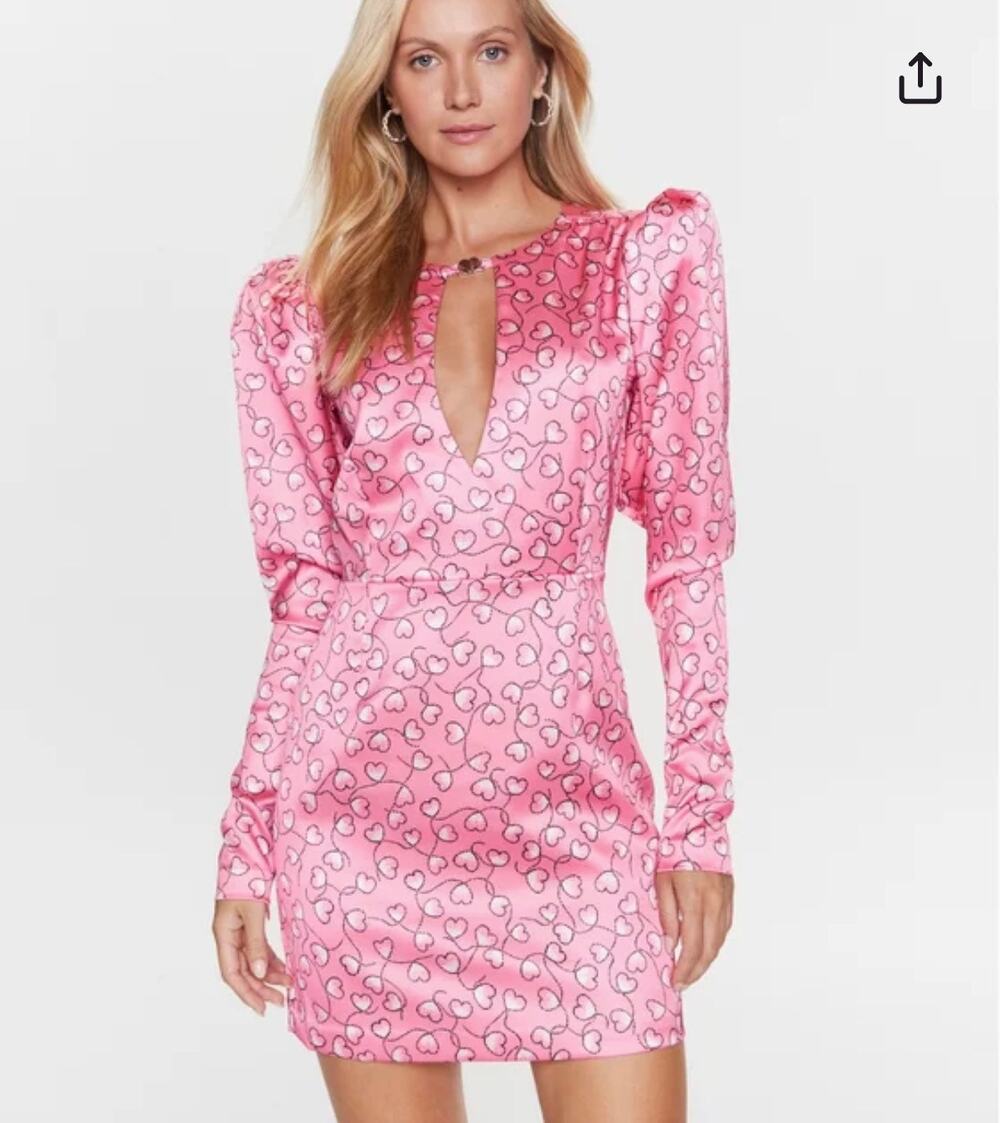 ROTATE Birger Christensen Pink Satin Heart Print Long Sleeve Mini Dress